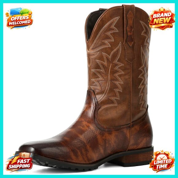 Western Cowboy Boots Square Toe Pull On Chunky Heel Embroidered Mens